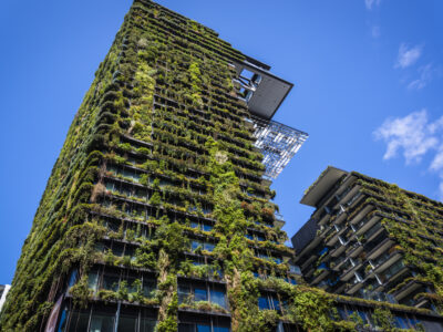 'One Central Park' building, an apartment complex with a shopping centre called 'Central' located on the lower levels. The building is situated  on Broadway in Chippendale district, it's characterised by its vertical gardens  and was designed by Jean Nouvel, Sydney, NSW, Australia